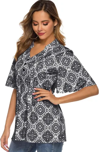 Vista 3 de HOCOSIT - Camiseta de manga corta con olanes y cuello en V con estampado de flores, plisada y abotonada, para mujer