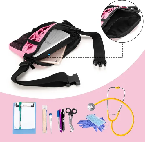 Vista 3 de Damero - Cangurera para enfermera con bolsillos para equipos médicos y soporte para cinta, color rosa