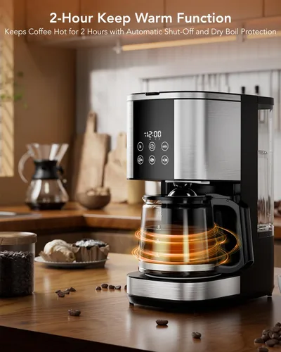 Vista 6 de COWSAR Cafetera Programable de 24 Horas - Máquina de Café de Goteo con Capacidad de 10 Tazas, Modo de Elaboración Fuerte, Pausa Automática, Función