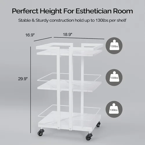 Vista 9 de Carrito de salón con ruedas con tres bandejas, carrito de almacenamiento esteticista para masaje faciales, tatuaje, balneario de belleza