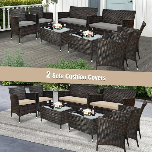 Vista 2 de Tangkula Juego de muebles de patio de ratán de 8 piezas, con mesa de centro de vidrio templado, juego de mesa de sofá para exteriores, con cojín