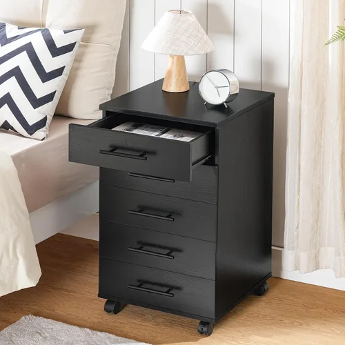 Vista 5 de HOOBRO Archivador de 5 cajones, gabinete de oficina con cajones, gabinete de almacenamiento de madera con ruedas para maquillaje, oficina en casa