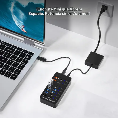Vista 3 de Concentrador USB con alimentación, divisor USB de 14 puertos (10 puertos de transferencia de datos más rápidos + 4 puertos de carga USB inteligente)