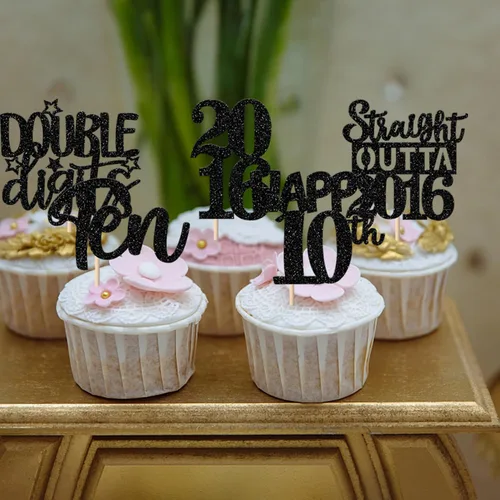 Vista 5 de 30 piezas negras para cupcakes de 10.º cumpleaños con purpurina Ten Happy 10 Straight Outta 2016 para saludos a 10 años 10 cumpleaños, boda Negro