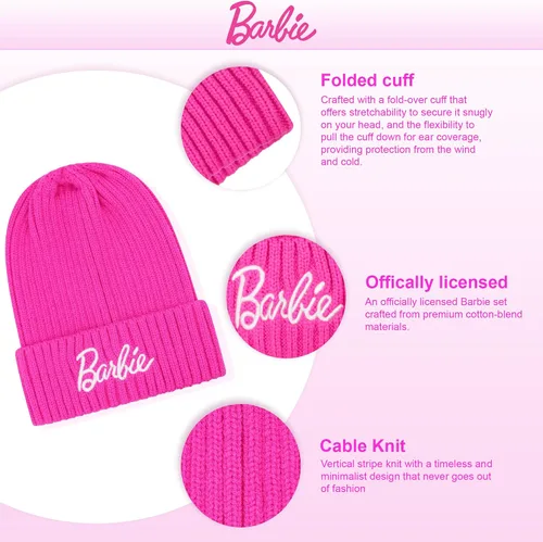 Vista 2 de Barbie Gorro de invierno para niñas de 5 a 13 años, gorro de invierno rosa ultra suave para exteriores