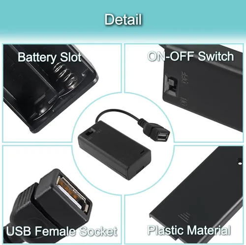 Vista 3 de 5 piezas Soporte de caja de batería de 2 AA con enchufe USB hembra 2 AA Caja de batería de alimentación con interruptor de encendido/apagado
