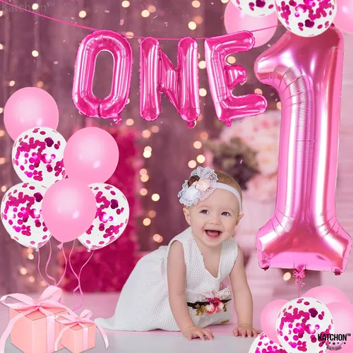 Vista 4 de KatchOn, Globos rosa intenso con el número 1 para el primer cumpleaños, 40 pulgadas, paquete de 12, globos rosa con el número 1, decoraciones