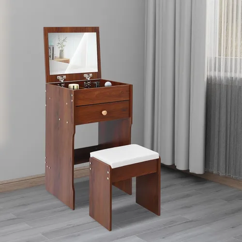 Vista 8 de Escritorio de tocador 3 en 1 con espejo, tocador compacto de 15.8 pulgadas con tapa abatible, mesa de maquillaje de nogal negro con taburete