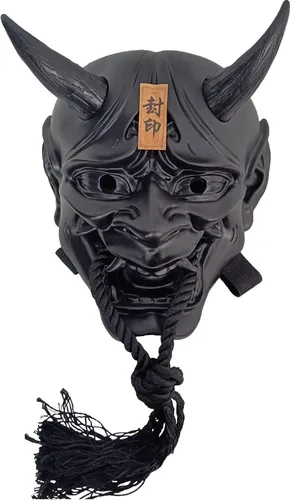 Vista 17 de HTLNUZD Máscara completa de látex de Halloween, máscara de cosplay japonesa para PrajnaHeadgear Samurai Evil KabukiHannya Party Mask Decora Negro