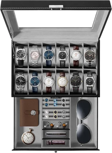 Vista 11 de Uten 12-Slot Watch Box, 2-Layers PU Leather Watch Case with Lock Negro