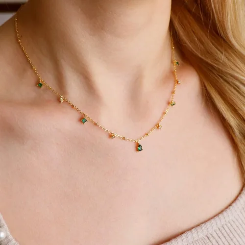Vista 2 de Delicado collar de oro para mujer, chapado en oro con circonita cúbica gota satélite collar de cadena para mujer