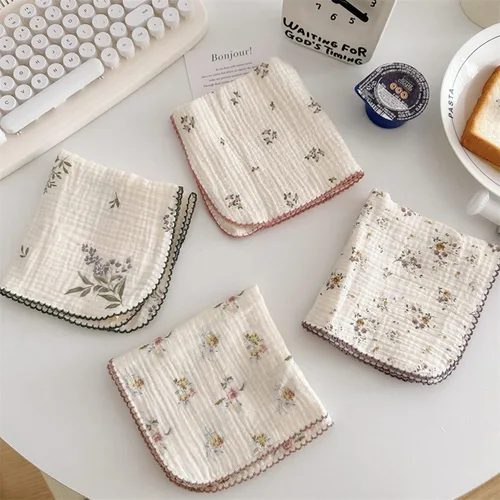 Vista 3 de BuLuTu - Paños de limpieza reutilizables 100% algodón muselina para cocina, 4 unidades, paños de cocina con estampado floral dulce, paños de esponja