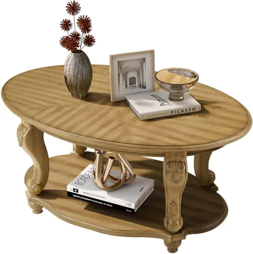 Vista 18 de Mesa de café ovalada de madera para sala de estar, mesa de café de dos niveles de madera maciza con estante de almacenamiento abierto, mesa