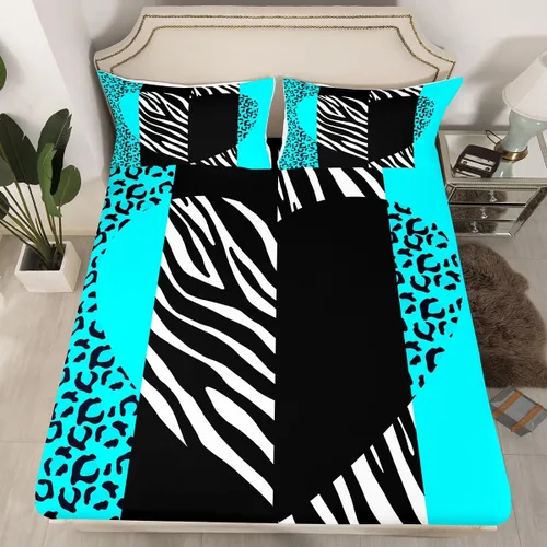 Vista 9 de Manfei Leopard Print Fitted Sheet Twin Size,Blue Brown Black Stripes Bedding Set 2pcs,Wild Animal Cheetah Skin Bed Sheets with 1 Pillowcase,Kids