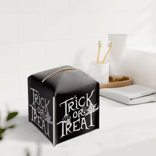Vista 2 de Soporte para caja de pañuelos de Halloween con tapa cuadrada de cuero negro, organizador de papel facial, dispensador de papel higiénico para baño