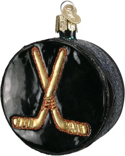 Vista 3 de Old World Christmas - Adorno de disco de hockey de vidrio soplado para árbol de Navidad, decoración festiva artesanal, colección deportiva