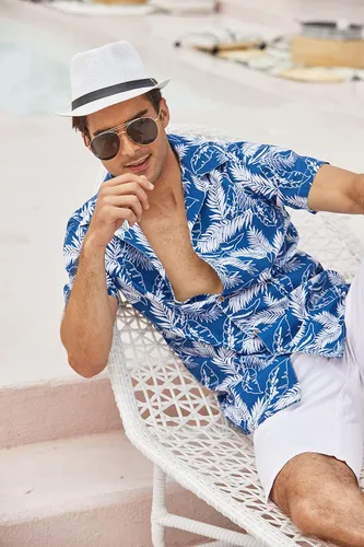 Vista 3 de COOFANDY Camisas florales hawaianas de algodón y lino con botones tropicales para hombre