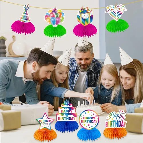 Vista 3 de Decoraciones de cumpleaños arcoíris para mesas, centros de mesa coloridos de panal