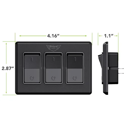 Vista 2 de Moderno interruptor de encendido y apagado triple SPST con bisel, 12 voltios, para RV, remolque, cámper, con etiqueta adhesiva (negro)