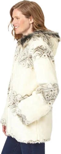 Vista 4 de Woman Within Chaqueta con capucha de piel sintética con estampado de copos de nieve para mujer