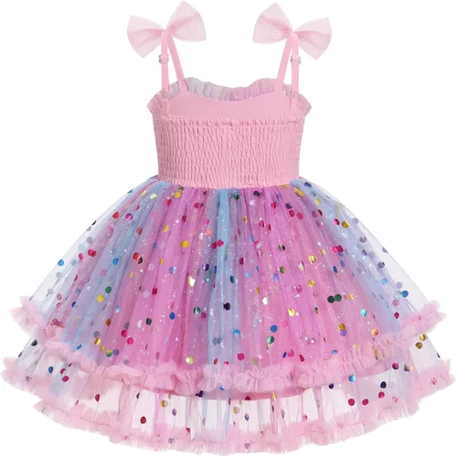 Vista 4 de IMEKIS Toddler Baby Girls Birthday Dress Rainbow Confetti Dots Tiered Tulle Dress Cake Smash Photo Shoot Outfit 1-6T