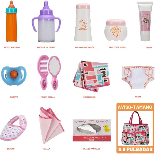 Vista 2 de Paquete de 14 accesorios para muñecas de bebé, juego de alimentación y cuidado de muñecas que incluye bolsa de pañales, pañales para muñecas