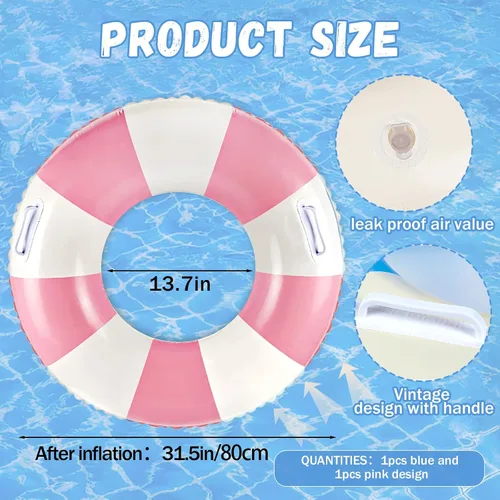 Vista 2 de Flotadores clásicos de piscina a rayas con asa, tubos inflables de rayas azules y blancas para anillos de natación grandes flotantes para adultos