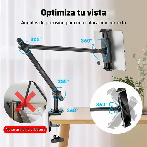 Vista 4 de AboveTEK Soporte para tablet para escritorio y cama, brazo de aluminio para iPad con abrazadera giratoria de 360°, soporte ajustable para teléfono