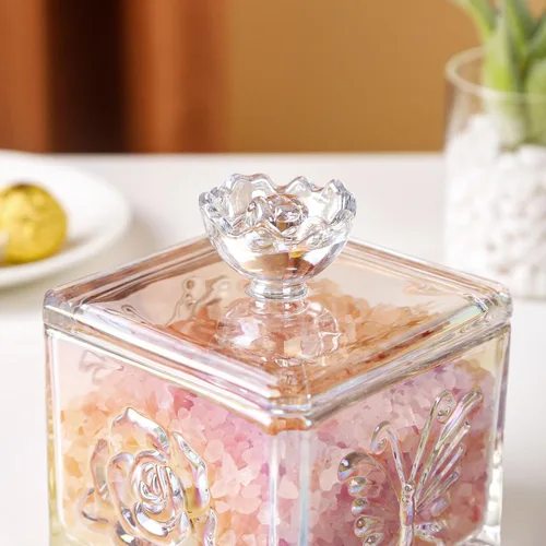 Vista 4 de WHJY Lindo tarro de cristal para dulces con tapa, tarro de cristal iridiscente para escritorio de oficina, platos de dulces coloridos para bufé