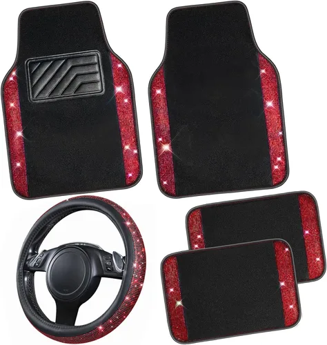 Vista 11 de CAR PASS - Funda de volante de cuero con diamantes brillantes, tapetes de piso de 36.8 cm a 38.1 cm con diamantes de imitación brillantes, alfombra