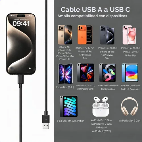 Vista 4 de Cable corto USB A a USB C, iPhone 18/17/16, cable Carplay para iPhone Duo (plegado), 18 17 16 15 Pro Max, Plus, Air, Airpods 4, iPad 10ª