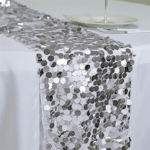 Vista 6 de Efavormart - Camino de mesa de restaurante de lentejuelas plateadas de alta calidad para bodas, banquetes de cumpleaños, decoración, ajuste Plata