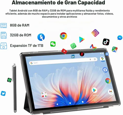 Vista 4 de Tableta de 10 pulgadas Android 15 con funda, 6GB RAM+32GB ROM+1024GB expansión, batería de 6000mah, cámara dual 2MP+8MP WiFi-6, pantalla táctil IPS