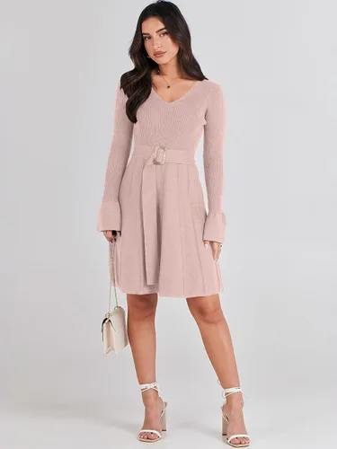Vista 6 de ANRABESS Vestido tipo suéter de manga larga con cuello en V y lazo en la cintura, plisado, acampanado, elegante, de punto acanalado, vestido midi
