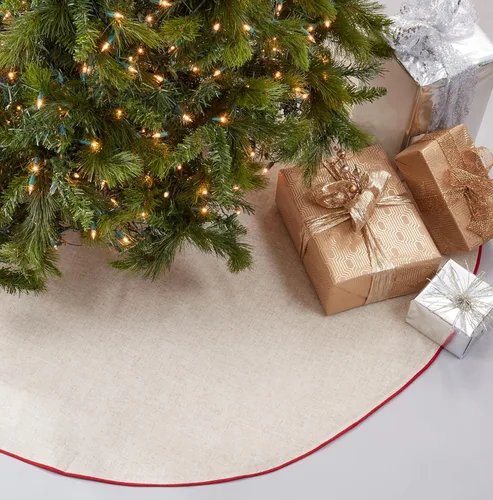 Vista 6 de SARO LIFESTYLE Falda de lino para árbol de Navidad – Colección Toscana – Natural con ribetes dorados – Decoración clásica de granja navideña, 56