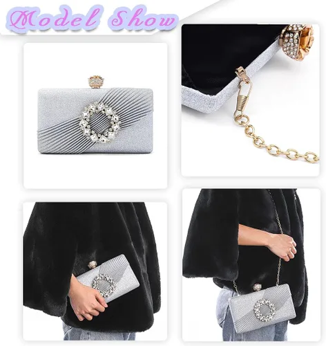 Vista 4 de ELABEST Bolso de mano de noche de cristal brillante con cadena desmontable de diamantes de imitación brillantes, para bodas, cócteles, fiestas