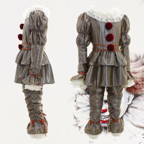Vista 2 de Disfraz de payaso de Halloween, película de miedo, maquillaje de película de miedo, disfraz de cosplay para niños adultos (plateado)