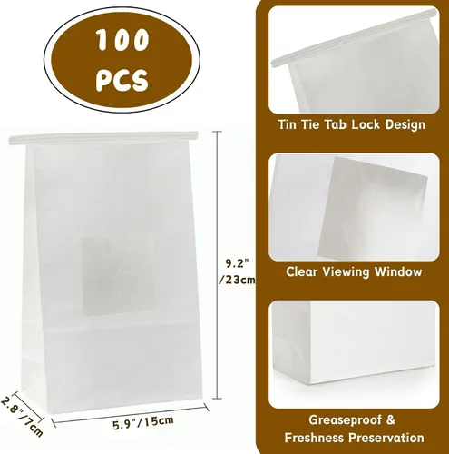 Vista 2 de AVLA Paquete de 100 bolsas de panadería con ventana, bolsa de galletas de 5.9 x 2.8 x 9.2 pulgadas, bolsas de papel kraft blanco, bolsas de bloqueo