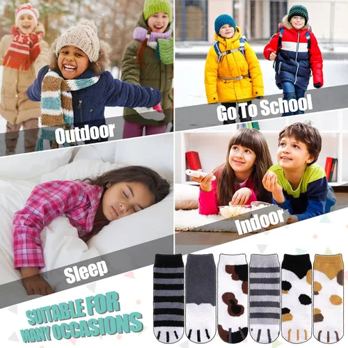 Vista 6 de LINEMIN Calcetines peludos para niños y niñas con agarres, antideslizantes, calcetines acogedores y esponjosos para invierno, calcetines cálidos