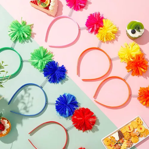 Vista 5 de Tigeen 12 diademas con pompones para la cabeza con pompones para fiesta de cumpleaños, accesorios para mujeres y adultos (color mezclado)