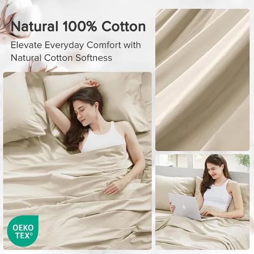Vista 6 de Comfort Spaces Sábanas 100% algodón tamaño King, transpirables y ultra suaves, sábanas de algodón naturalmente fresco con bolsillo elástico de 14