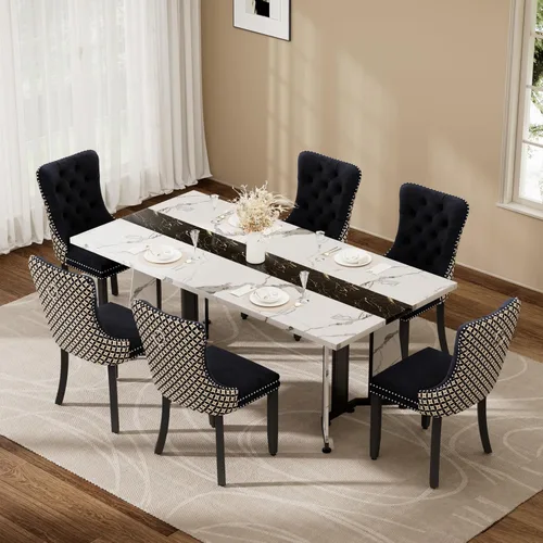 Vista 19 de Juego de mesa de comedor de 5 piezas con 4 sillas, mesa de comedor rectangular de madera de 71 pulgadas con sillas de comedor de terciopelo, tablero