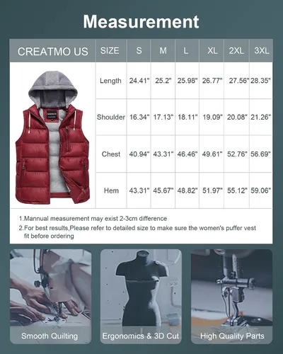 Vista 28 de CREATMO US Chaleco cálido para mujer, chaleco grueso acolchado sin mangas con capucha desmontable