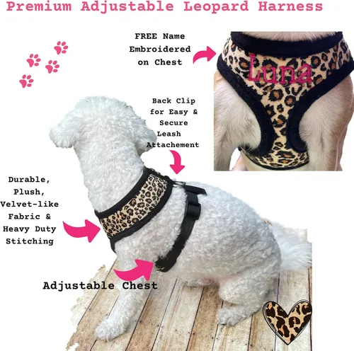 Vista 4 de Arnés y Correa de Leopardo para Perro y Correa Opción, Arnés Personalizado para Perro con Nombre de Mascota Bordado - Arnés de Perro Suave y Cómodo