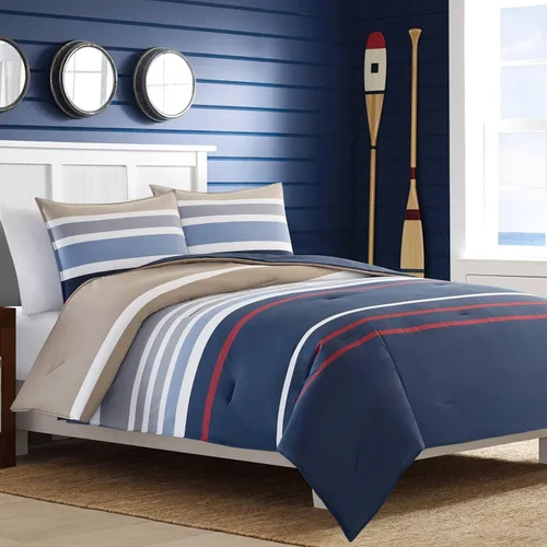 Vista 2 de Nautica - Juego de funda de edredón tamaño individual, ropa de cama reversible de algodón con cierre de botón, decoración informal para el hogar
