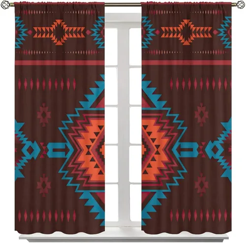 Vista 39 de Cortinas con patrón geométrico tribal, estilo suroeste, azteca, rústico, occidental, nativo americano, opacas, con bolsillo para barra, decoración