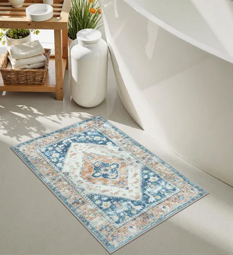 Vista 6 de Uphome Alfombra de Baño Azul Boho Desgastada Alfombra de Baño Oriental Suave de Pelo Largo Antideslizante Alfombra de Baño Lavable a Máquina Vintage