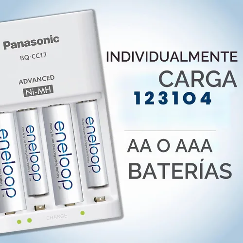Vista 2 de Cargador de batería avanzado individual Panasonic Eneloop con 4 luces led que indican la carga BQ-CC17 Blanco