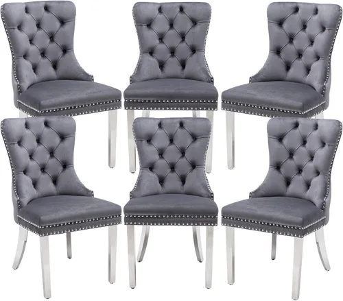 Vista 33 de Juego de 2 sillas de comedor de terciopelo beige, elegantes capitoné