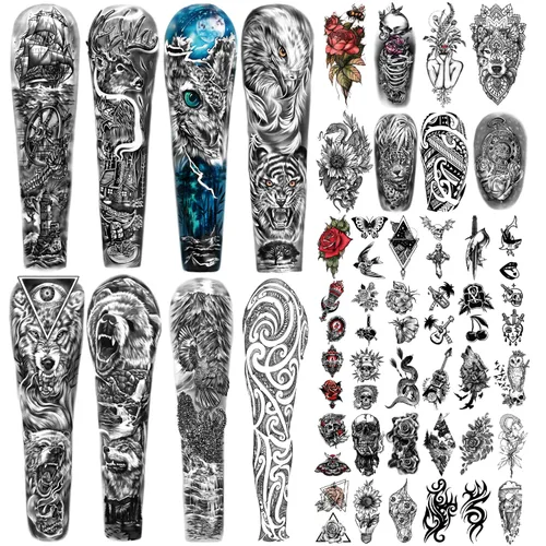 Vista 6 de Yazhiji Tatuajes temporales extragrandes, 8 hojas de tatuajes falsos de brazo completo y 8 hojas de pegatinas de tatuaje de medio brazo para hombres